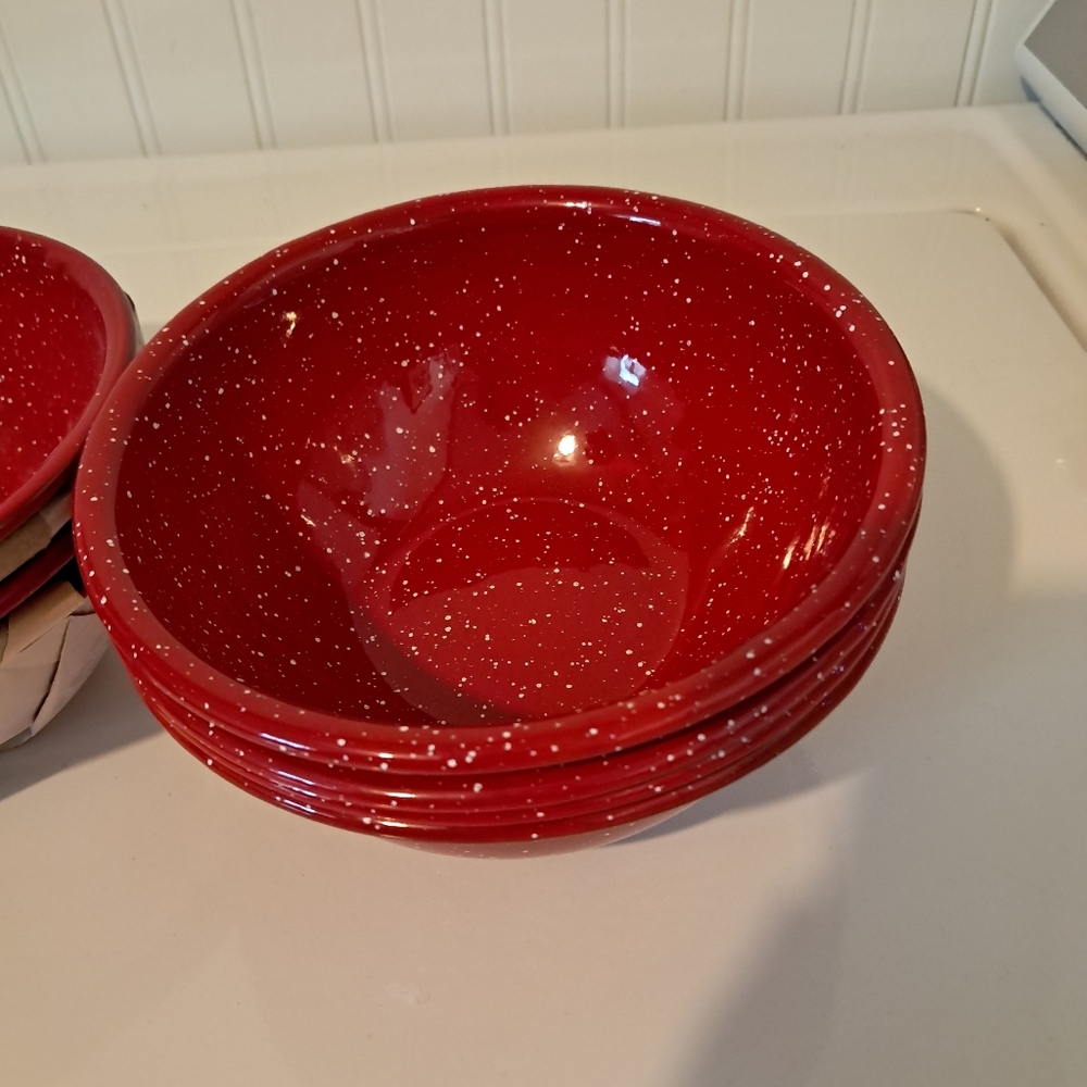 Coleman Red And White Speckled Enamelware Cereal Bowl Set/8 Vintage Retro Camp - Picture 5 of 6